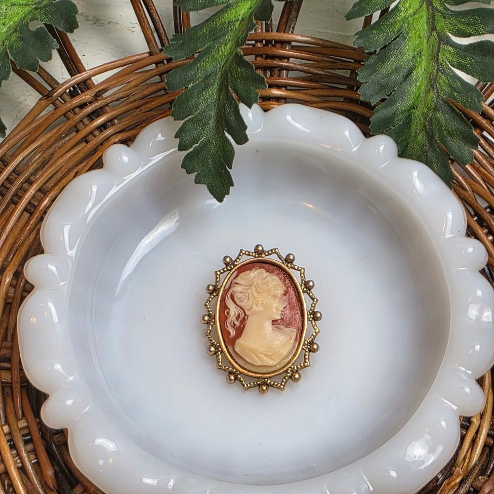 Vintage Cameo Brooch Pin Oval Portrait Woman‎ Cream Coral Gold Tone Ornate Metal